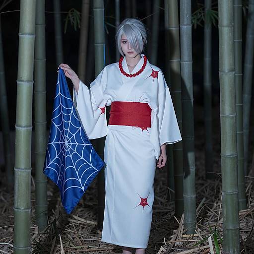 Person in White Kimono Holding Spider Web Cloth in Bamboo Forest
