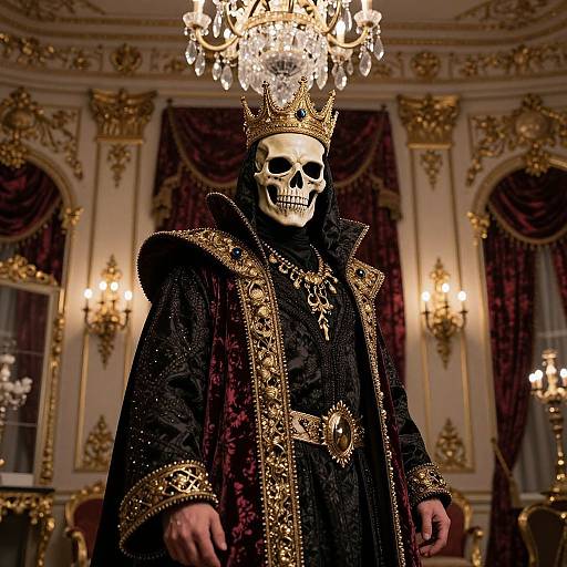 Photograph of a skull in a golden-embroidered black royal robe, crowned, standing in an opulent, chandelier-lit room with