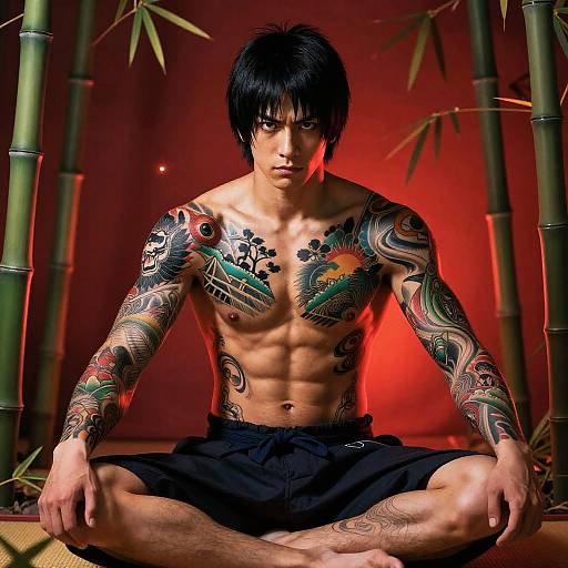 Photograph of a muscular, tattooed Asian man with black hair, seated cross-legged in black shorts, against a red backdrop with bamboo.