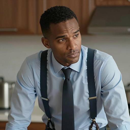 Serious man in dress shirt with suspenders