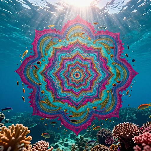 Underwater photograph of vibrant, colorful mandala pattern with fish swimming around, sun rays filtering through, coral reefs in foreground.