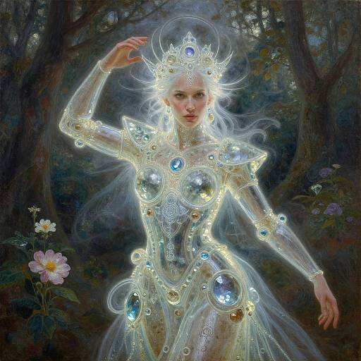 Digital fantasy art: A glowing, ethereal woman with white hair, adorned in a luminous, jewel-encrusted dress, floats in a