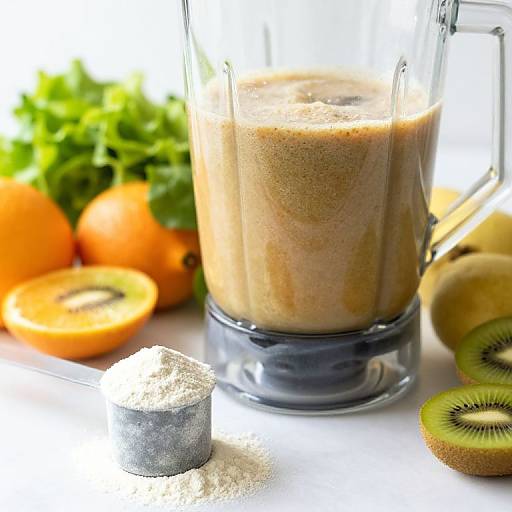 Photograph of a blender filled with orange smoothie, surrounded by kiwi slices, oranges, and a spice grinder with flour.