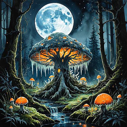 Enchanted Forest with Giant Bioluminescent Fungus