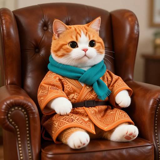 Photograph of an adorable orange and white kitten dressed in an orange patterned robe and teal scarf, seated in a brown leather armchair.