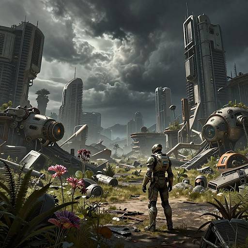 Digital artwork: Post-apocalyptic cityscape with overgrown flowers, ruined skyscrapers, and robotic debris. A lone, armored figure stands in the