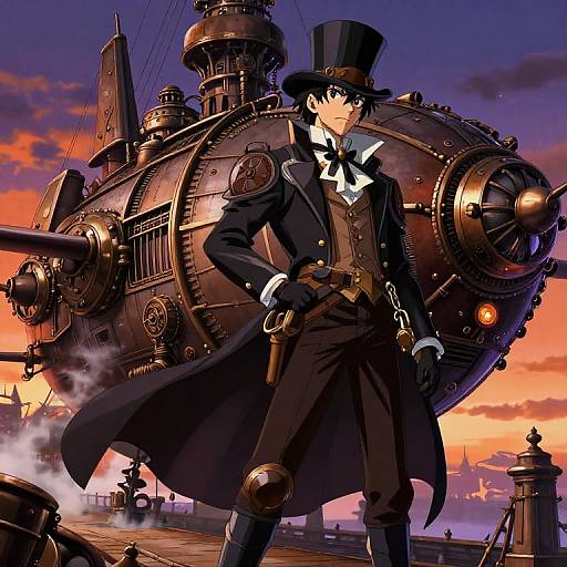 Digital anime-style artwork of a confident steampunk man in a black coat, top hat, and bow tie, standing in front of a massive,