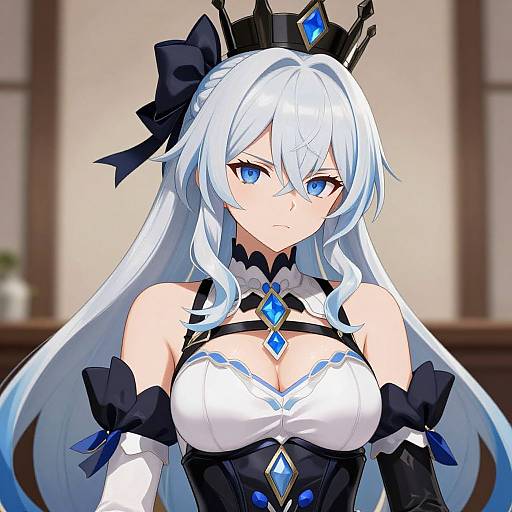 Digital anime-style drawing of a stern-looking, fair-skinned woman with long white hair, blue eyes, black crown, white and black dress with blue
