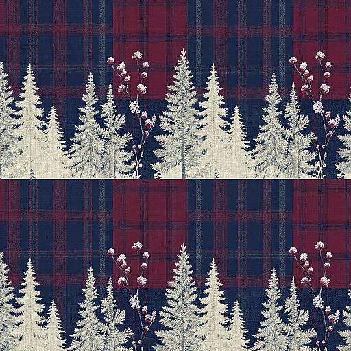 Digital drawing of white, stylized pine trees with small white berries on a dark red and navy blue plaid background.