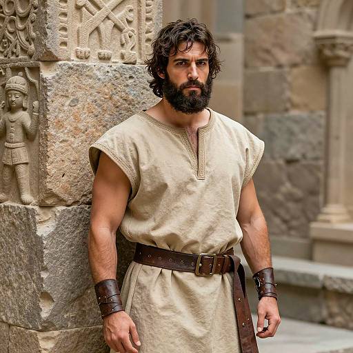 Bearded Man in Medieval Tunic by Stone Wall