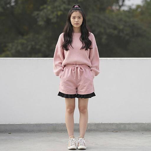 Asian Woman in Pink Casual Outfit Outdoors