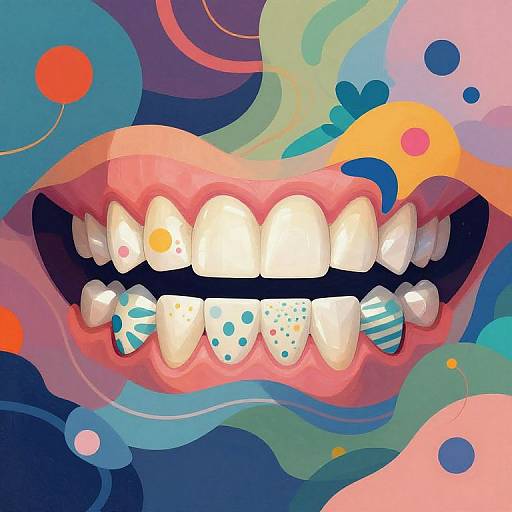 Abstract digital art of a colorful, cartoonish open mouth with polka-dotted, striped, and patterned teeth against a vibrant, swirling background.