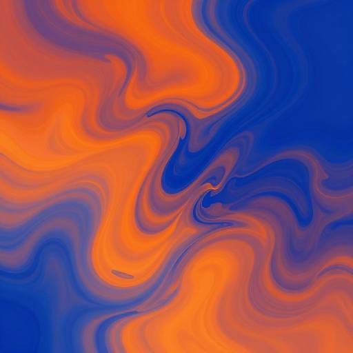 Abstract digital artwork featuring swirling patterns of vibrant orange and blue, creating a mesmerizing, fluid, and dynamic visual effect.