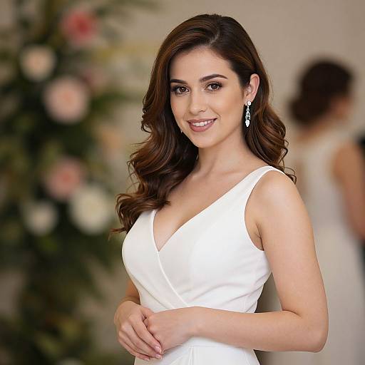 Photograph of a smiling brunette woman with wavy hair, wearing a white V-neck dress and dangling earrings, standing in front of a blurred floral backdrop