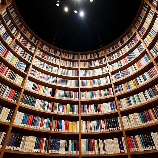 Photograph of a circular wooden library with multi-tiered shelves filled with colorful books, illuminated by overhead spotlights.