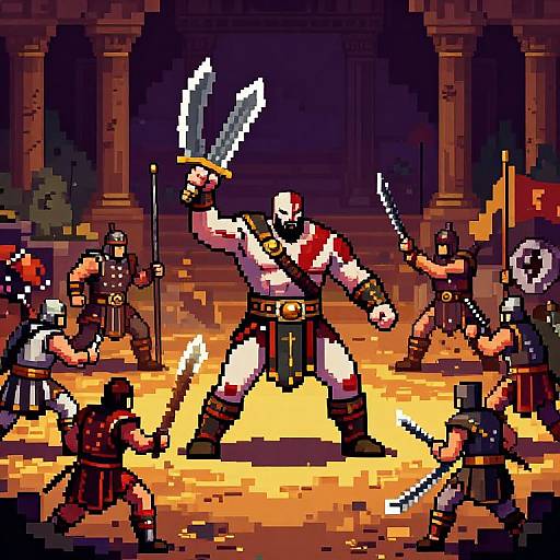 Pixel art of a fierce battle: muscular, white-haired warrior with blood-stained clothes and dual swords, surrounded by six armored gladiators, wielding