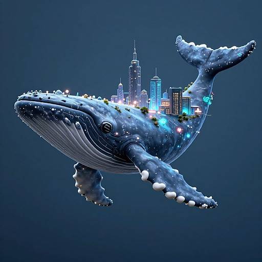 Digital artwork of a blue whale with a city skyline on its back, including illuminated skyscrapers, floating in a dark blue ocean.