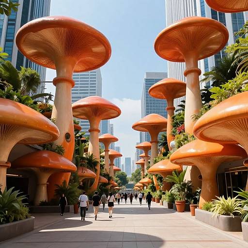 Photograph of a futuristic urban alleyway featuring large, orange, mushroom-shaped structures with textured caps, surrounded by tall buildings and lush greenery. People