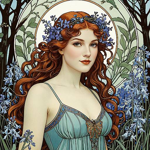 Art Nouveau Woodland Nymph Among Bluebells