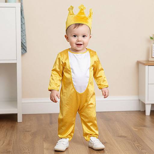 Photograph of a smiling baby wearing a shiny yellow onesie with a crown, white shirt, and white shoes, standing on wooden floor in a brightly