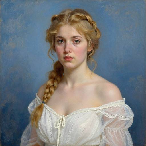Digital painting of a young woman with fair skin and blonde braided hair, wearing a white off-shoulder lace blouse, against a blue background.