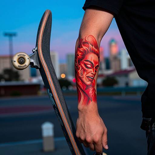 Photograph of a man's tattooed forearm holding a skateboard, featuring a vivid red, detailed portrait of a woman's face, against a blurred urban