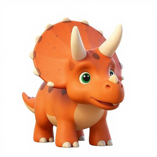 Cute, cartoon-style, orange dinosaur with white horns, green eyes, and spots, standing on all fours against a white background. Digital art.