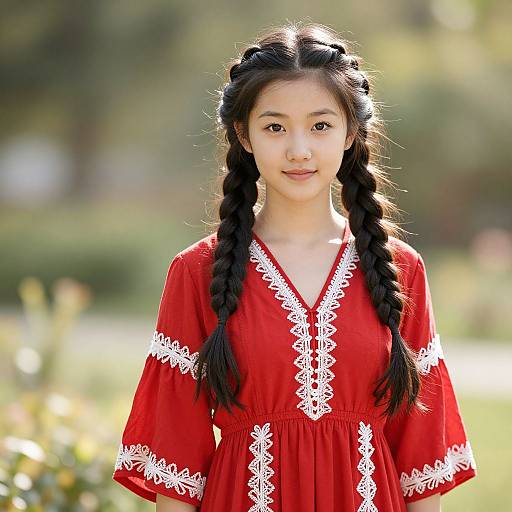 Photograph of an Asian woman with long black braids, wearing a red dress with white lace trim, standing in a sunlit garden.