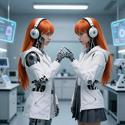 Photograph-style CGI: Two identical red-haired girls with robotic arms, white headphones, and lab coats stand in a futuristic lab, touching hands, surrounded
