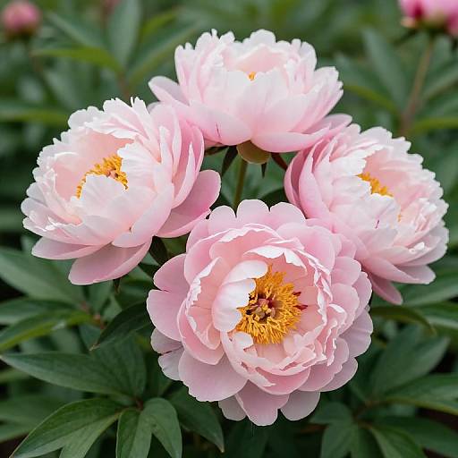 Photograph of five pale pink peonies with ruffled petals and yellow centers, surrounded by dark green, jagged-edged leaves.