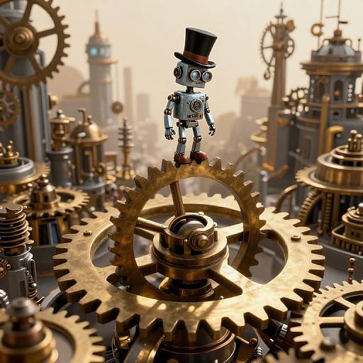 Photorealistic CGI of a small, steampunk robot with a black top hat standing on a large golden gear amidst a bustling, intricate mechanical factory