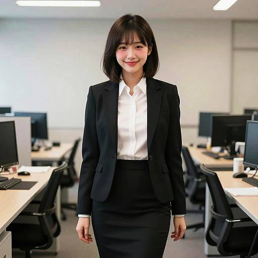 Photograph of an Asian woman with straight black hair, wearing a black blazer, white shirt, and black skirt, standing in a modern, well