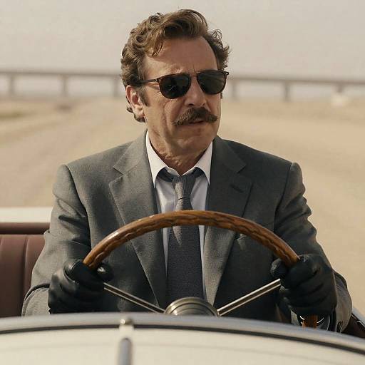 Focused Man Driving Vintage Car in Desert