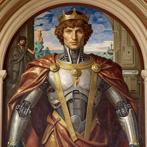 Digital artwork of a robotic king with a crown, metallic armor, and red cape, standing in an arched frame with a seascape background and a