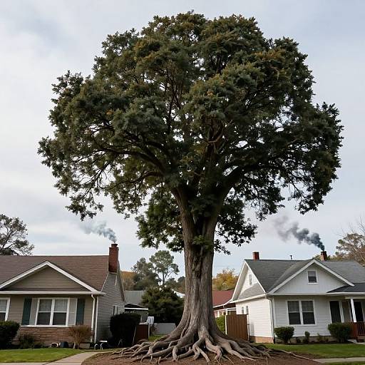 Photograph of a large, sprawling oak tree with extensive roots in front of two suburban houses, under a partly cloudy sky.