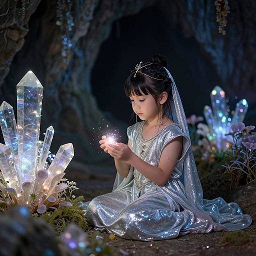 Photograph of a young Asian girl in a silver, glittery dress and veil, sitting in a dark cave, holding a glowing light, surrounded by