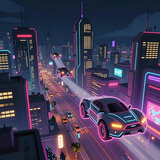 Neon-lit, futuristic cityscape at night; glowing cars speed through illuminated streets, surrounded by vibrant skyscrapers and neon signs, in digital