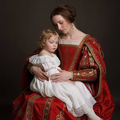 Photograph of a fair-skinned woman in a red Renaissance-style gown with gold trim, cradling a blonde toddler in a white lace dress,