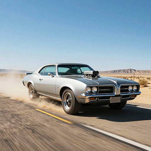 Photograph of a silver 1970s muscle car speeding down a desert road, kicking up dust, under a clear blue sky.