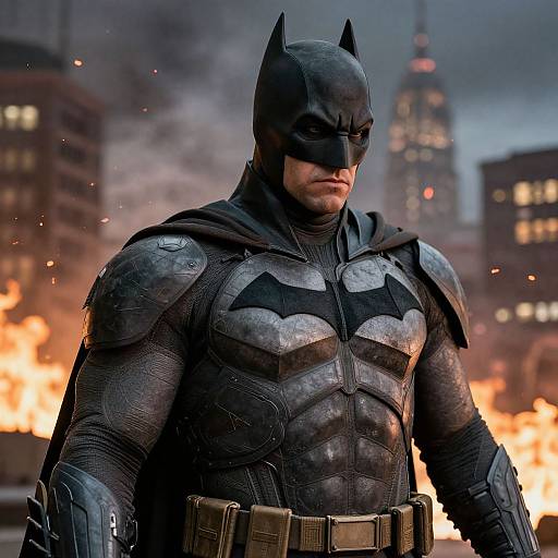 Photograph of Batman in detailed, armored black suit with bat emblem, standing amidst urban fire and smoke, city buildings in background.