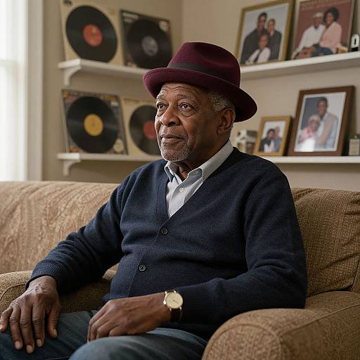 Photograph of an elderly African American man with gray beard, wearing a maroon hat, navy cardigan, and white shirt, sitting on a beige