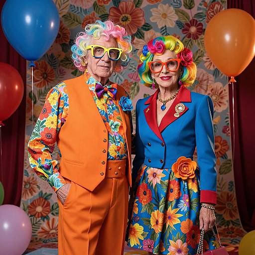 Photograph of two elderly individuals with colorful wigs, glasses, and vibrant floral outfits, standing against a floral backdrop with balloons.