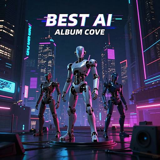 CGI cyberpunk scene with three illuminated humanoid robots on stage, neon-lit cityscape background, and 