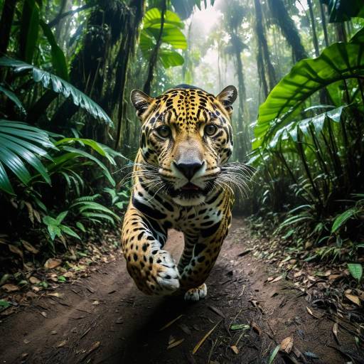 Jaguar Approaching in Rainforest
