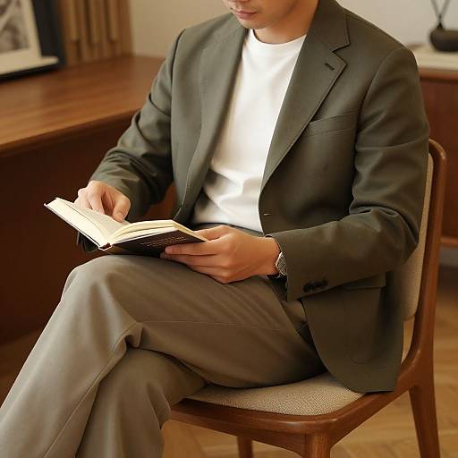 Photograph of a man in a black suit and white shirt, sitting on a wooden chair, reading a book, in a warmly lit room with wooden