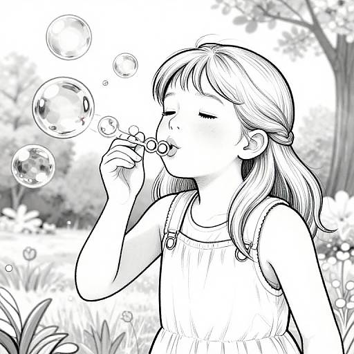 Monochrome digital drawing of a young girl with closed eyes, blowing bubbles, wearing overalls, in a grassy, sunlit outdoor setting.