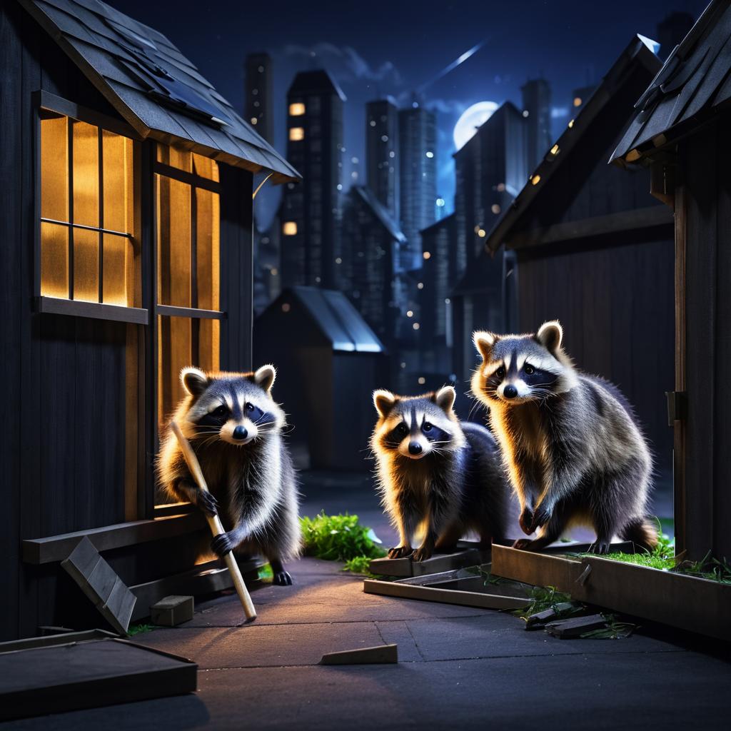 Mischievous Raccoons in Urban Night