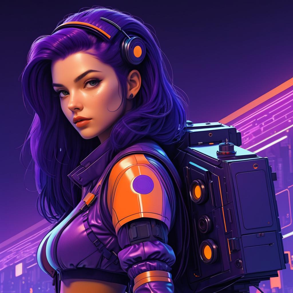 Cyberpunk Girl with Purple Hair and Robot