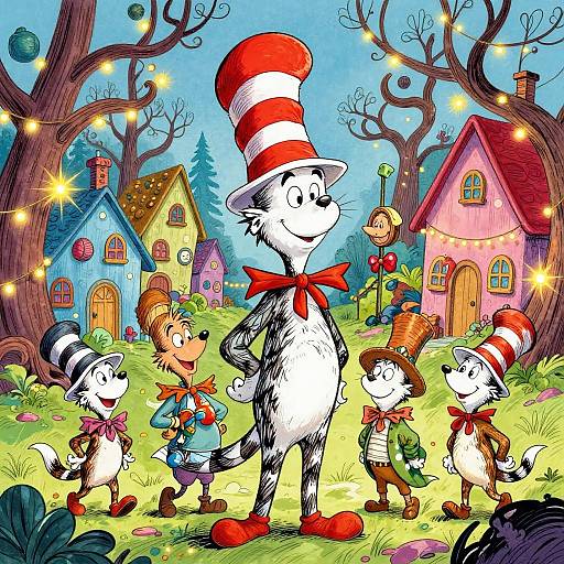 Colorful cartoon of Dr. Seuss's Cat in the Hat standing with six smaller cats, surrounded by whimsical houses, trees, and string lights