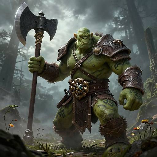 CGI fantasy image of a muscular, green-skinned orc warrior with tattoos, holding a massive double-headed axe in a misty forest.